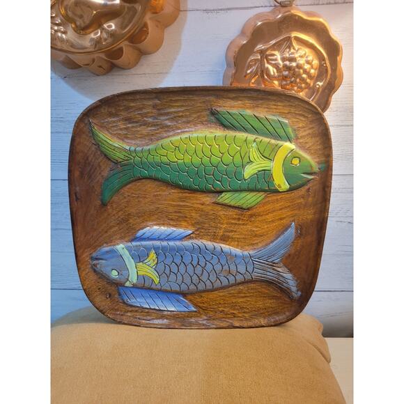 Carved Teak? Wood Tray Fish Wall Haitian Art Marked "The Red Carpet" - Picture 3 of 8
